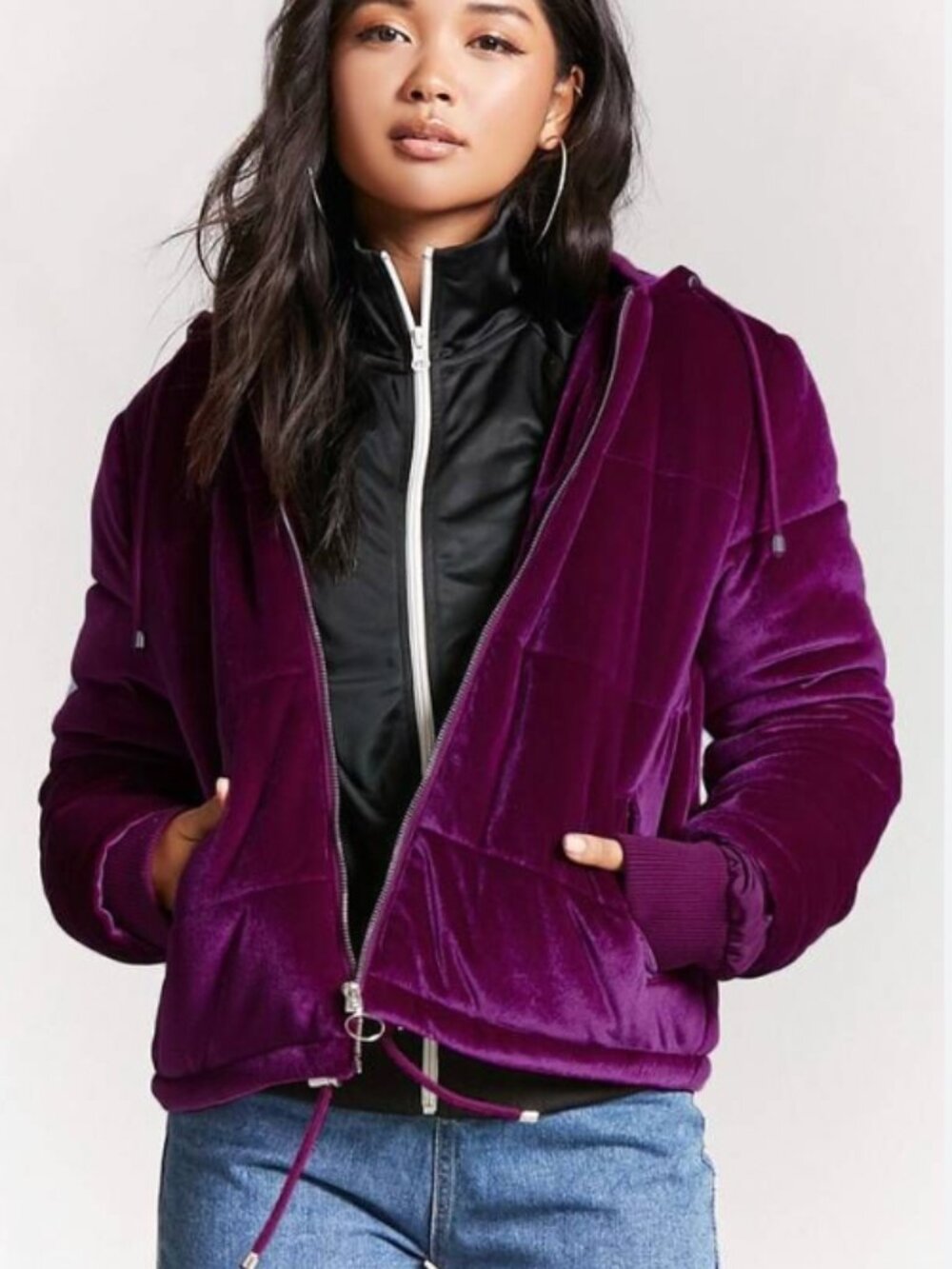 Forever 21 Velvet Hooded Puffer Jacket Vibrant Purple Size Small